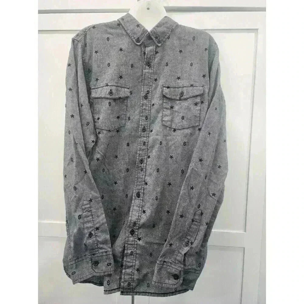 Burnside Shirt Men's Large Grey Long Sleeve Cotton Blend Button Up Dollar Sign $